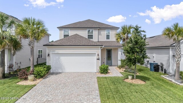 121 Thistleton Way, Saint Augustine, FL 32092 - traditional-style house with an attached garage, a front lawn, a shingled roof, and driveway