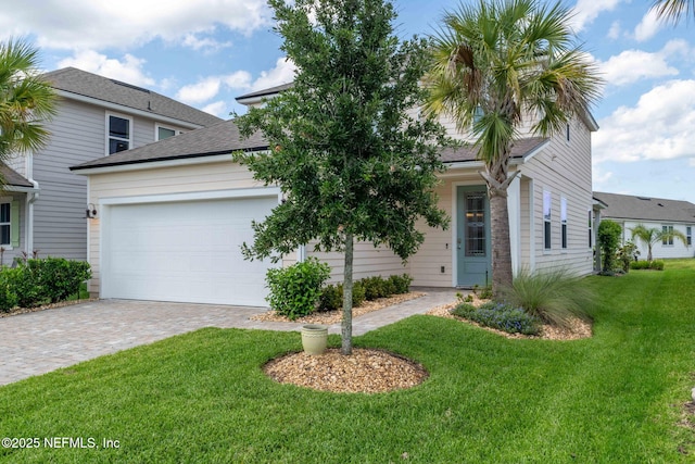 121 Thistleton Way, Saint Augustine, FL 32092 - view of property hidden behind natural elements featuring a front lawn, an attached garage, decorative driveway, and a shingled roof