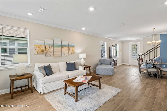 121 Thistleton Way, Saint Augustine, FL 32092 - living room with wood finished floors, a chandelier, ornamental molding, baseboards, and recessed lighting