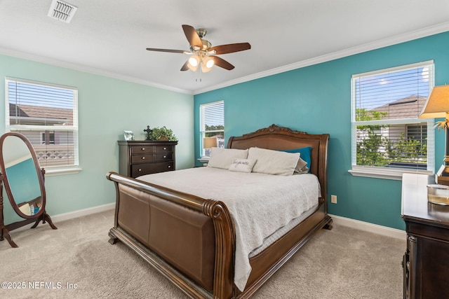 121 Thistleton Way, Saint Augustine, FL 32092 - bedroom featuring light carpet, baseboards, crown molding, multiple windows, and ceiling fan