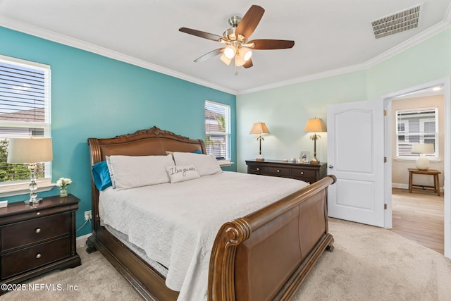 121 Thistleton Way, Saint Augustine, FL 32092 - bedroom with ornamental molding, baseboards, light colored carpet, and a ceiling fan