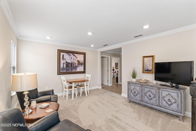 121 Thistleton Way, Saint Augustine, FL 32092 - living area featuring light colored carpet, crown molding, recessed lighting, and baseboards