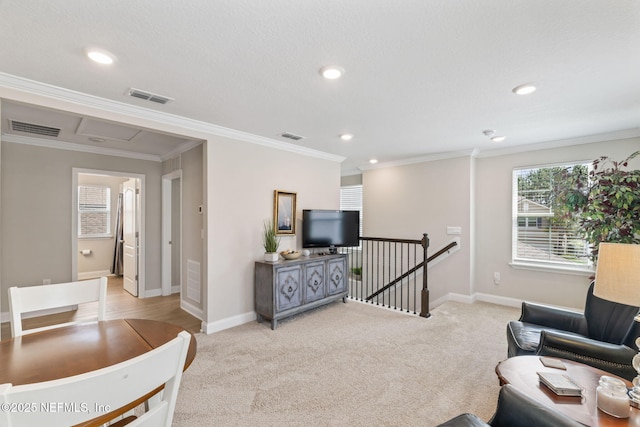 121 Thistleton Way, Saint Augustine, FL 32092 - living area featuring recessed lighting, light colored carpet, baseboards, and crown molding