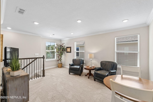 121 Thistleton Way, Saint Augustine, FL 32092 - living area with an upstairs landing, carpet flooring, recessed lighting, baseboards, and ornamental molding