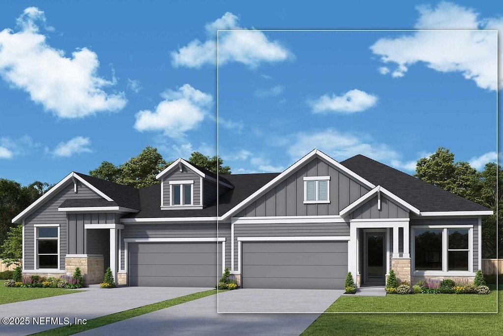 36 Latham Dr, Ponte Vedra, FL 32081 - craftsman-style home featuring stone siding, board and batten siding, driveway, and a front lawn