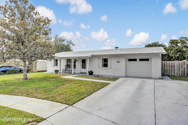 822 Valnera Ct, Saint Augustine, FL 32086 - ranch-style house with concrete block siding, a garage, concrete driveway, a porch, and metal roof
