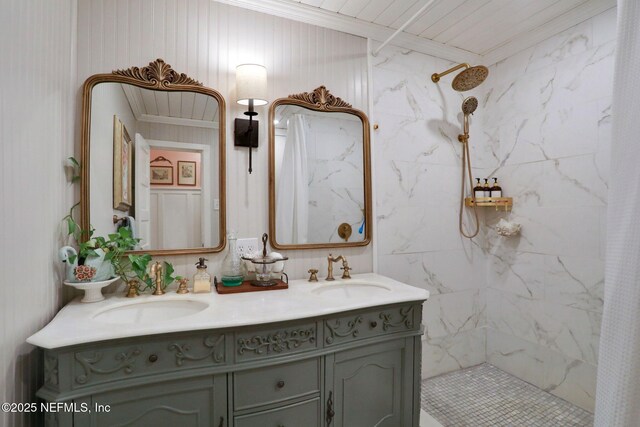 7265 Beach Rd, Elkton, FL 32033 - full bath with tiled shower, ornamental molding, and double vanity