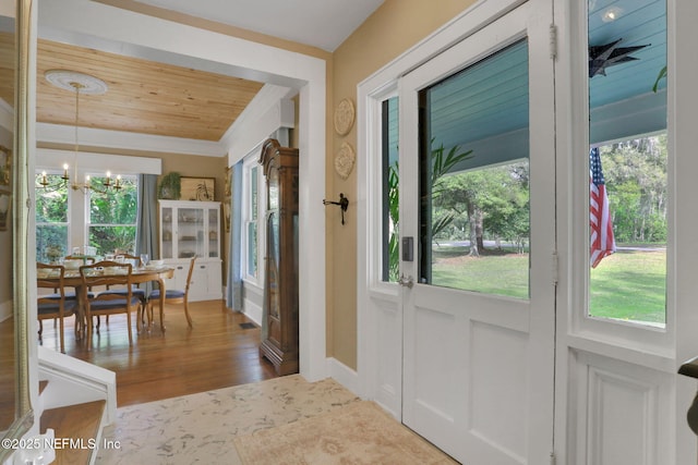 7265 Beach Rd, Elkton, FL 32033 - foyer entrance featuring a chandelier, wood finished floors, and wood ceiling