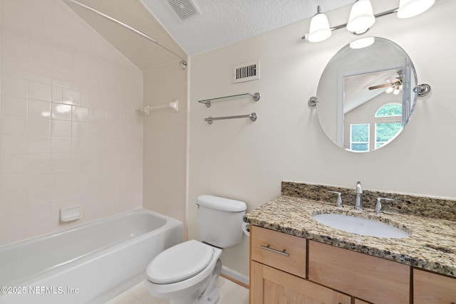 2305 Range Crescent Ct, Fleming Island, FL 32003 - bathroom featuring toilet, vanity, lofted ceiling, shower / tub combination, and a ceiling fan