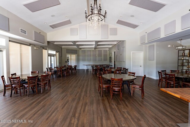 2305 Range Crescent Ct, Fleming Island, FL 32003 - dining space with wood finished floors, a chandelier, baseboards, coffered ceiling, and beamed ceiling