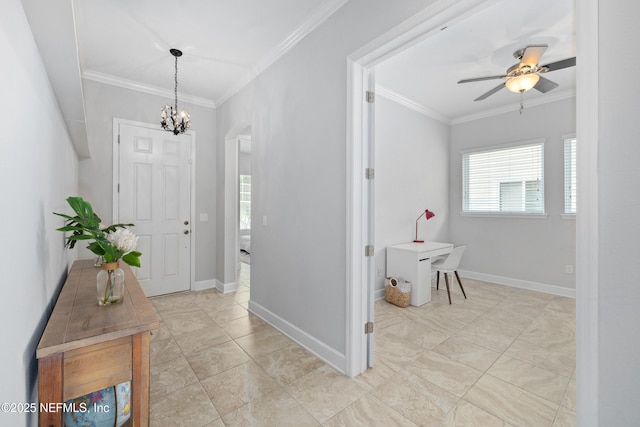 80 Atlas Dr, Saint Augustine, FL 32092 - entrance foyer with plenty of natural light, ornamental molding, a chandelier, baseboards, and ceiling fan