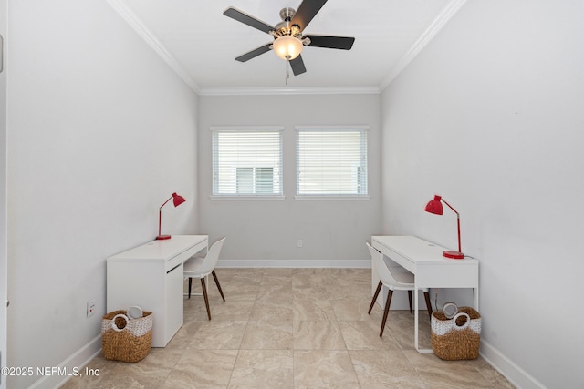 80 Atlas Dr, Saint Augustine, FL 32092 - home office featuring crown molding, a ceiling fan, and baseboards