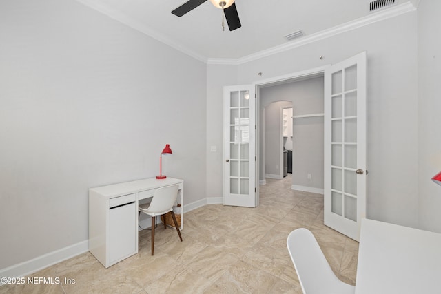 80 Atlas Dr, Saint Augustine, FL 32092 - office space featuring french doors, ornamental molding, arched walkways, a ceiling fan, and baseboards