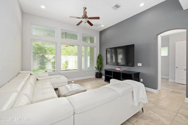 80 Atlas Dr, Saint Augustine, FL 32092 - living area featuring arched walkways, ceiling fan, healthy amount of natural light, baseboards, and recessed lighting
