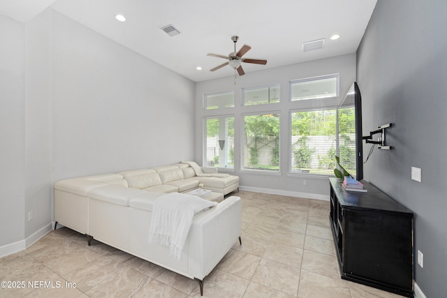 80 Atlas Dr, Saint Augustine, FL 32092 - living area featuring a ceiling fan, baseboards, recessed lighting, and light tile patterned floors