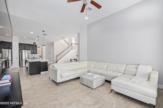 80 Atlas Dr, Saint Augustine, FL 32092 - living room featuring stairway, ceiling fan, and recessed lighting
