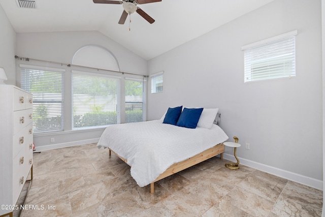 80 Atlas Dr, Saint Augustine, FL 32092 - bedroom featuring multiple windows, baseboards, lofted ceiling, and a ceiling fan
