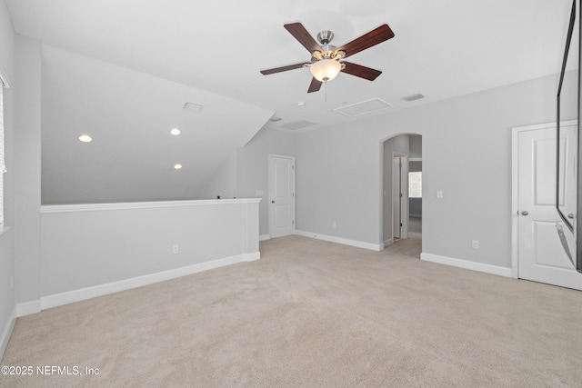 80 Atlas Dr, Saint Augustine, FL 32092 - bonus room featuring arched walkways, ceiling fan, light colored carpet, lofted ceiling, and baseboards