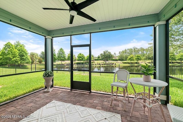 33 Crown Colony Rd, Saint Augustine, FL 32092 - sunroom featuring a water view, ceiling fan, and view of wooded area