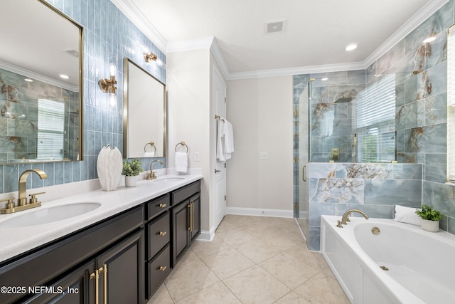 33 Crown Colony Rd, Saint Augustine, FL 32092 - full bathroom featuring ornamental molding, plenty of natural light, a bath, a stall shower, and double vanity