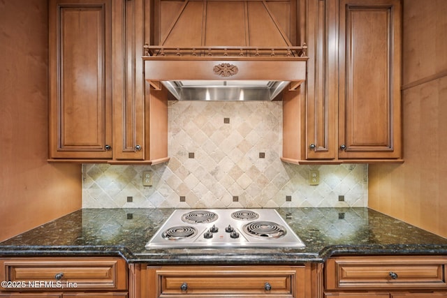 1816 Lakedge Dr, Middleburg, FL 32068 - kitchen featuring stainless steel electric stovetop, island exhaust hood, brown cabinets, and decorative backsplash