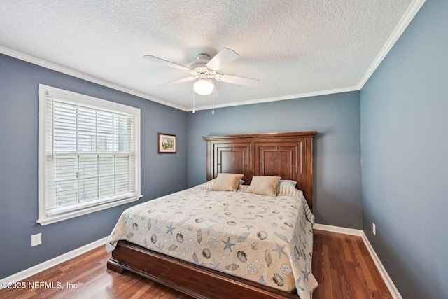 1816 Lakedge Dr, Middleburg, FL 32068 - bedroom featuring a textured ceiling, wood finished floors, baseboards, ornamental molding, and ceiling fan