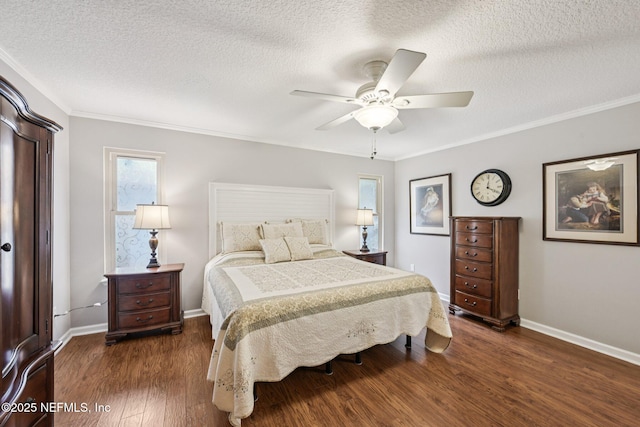 1816 Lakedge Dr, Middleburg, FL 32068 - bedroom with a textured ceiling, dark wood-style flooring, baseboards, ornamental molding, and ceiling fan
