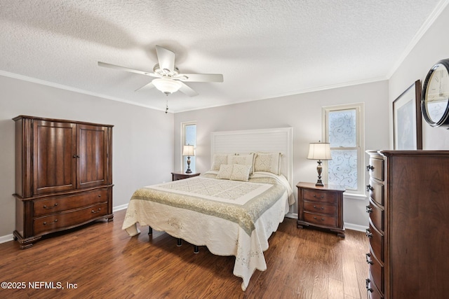 1816 Lakedge Dr, Middleburg, FL 32068 - bedroom with dark wood finished floors, a textured ceiling, ceiling fan, crown molding, and baseboards