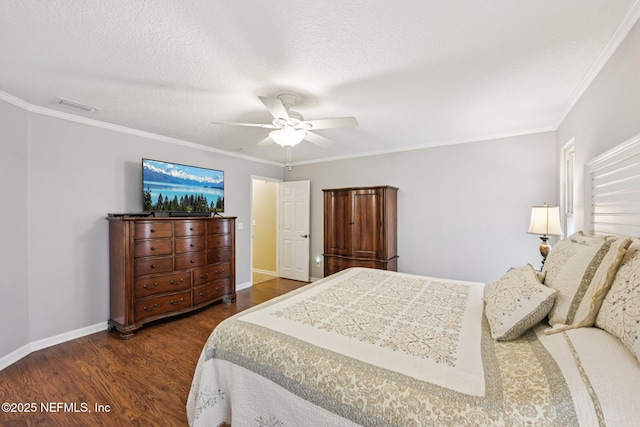 1816 Lakedge Dr, Middleburg, FL 32068 - bedroom with dark wood finished floors, baseboards, crown molding, ceiling fan, and a textured ceiling