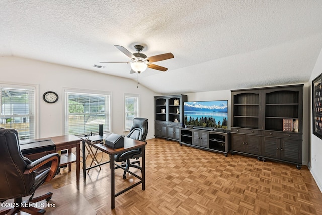 1816 Lakedge Dr, Middleburg, FL 32068 - office featuring lofted ceiling, a textured ceiling, healthy amount of natural light, a ceiling fan, and baseboards