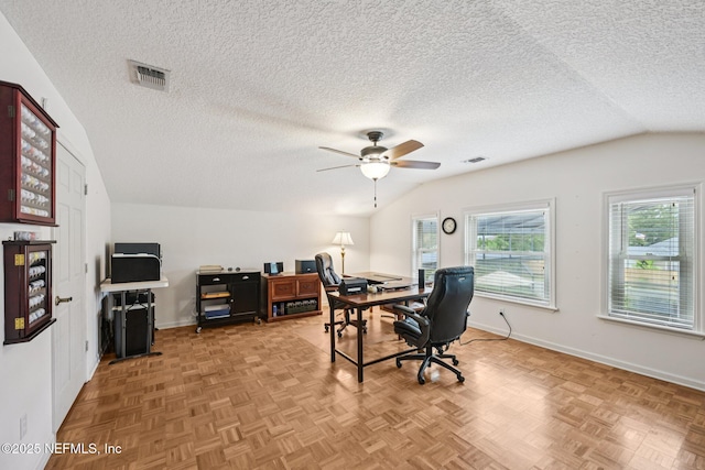 1816 Lakedge Dr, Middleburg, FL 32068 - office space with lofted ceiling, a textured ceiling, ceiling fan, and baseboards