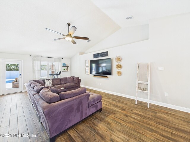 88137 Maybourne Rd, Yulee, FL 32097 - living area with wood finished floors, ceiling fan, lofted ceiling, and baseboards
