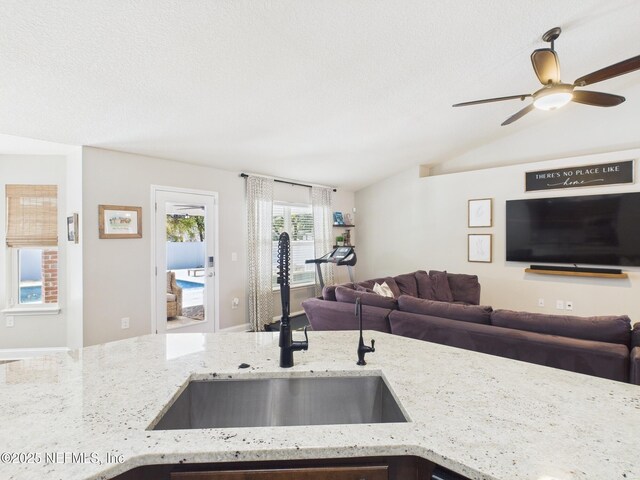 88137 Maybourne Rd, Yulee, FL 32097 - kitchen with a sink, open floor plan, ceiling fan, vaulted ceiling, and light stone counters