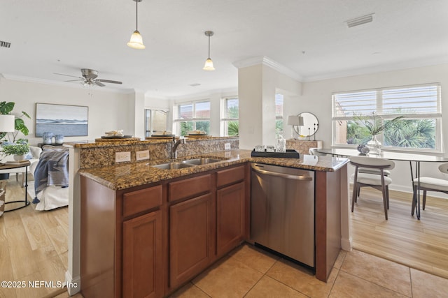104 Laguna Villas Blvd Unit F33, Jacksonville Beach, FL 32250 - kitchen featuring dishwasher, a sink, ornamental molding, decorative light fixtures, and open floor plan