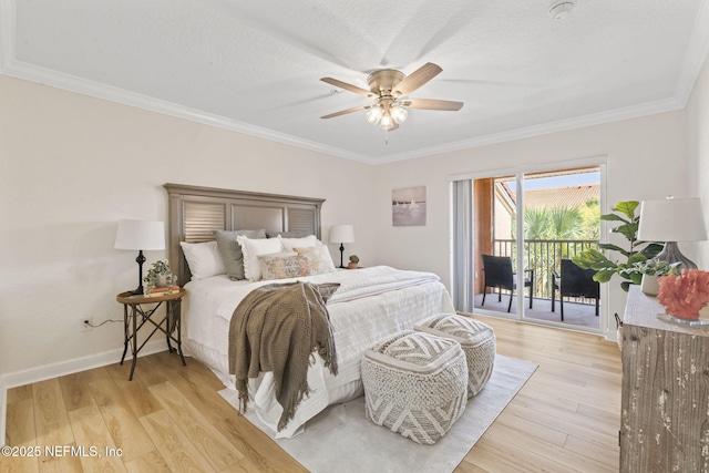 104 Laguna Villas Blvd Unit F33, Jacksonville Beach, FL 32250 - bedroom with access to exterior, ornamental molding, light wood-style flooring, baseboards, and a ceiling fan
