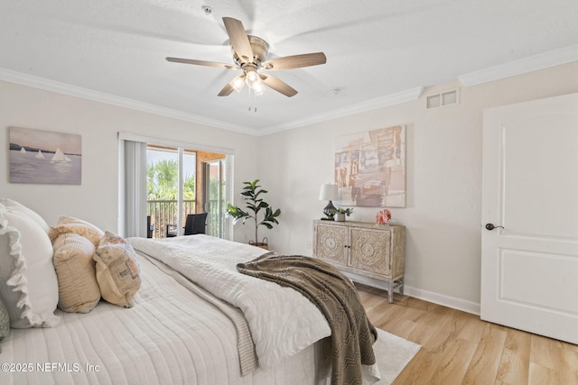 104 Laguna Villas Blvd Unit F33, Jacksonville Beach, FL 32250 - bedroom featuring access to outside, crown molding, light wood-type flooring, baseboards, and a ceiling fan