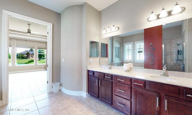 3653 Oglebay Dr, Green Cove Springs, FL 32043 - full bathroom with plenty of natural light, double vanity, a ceiling fan, and tile patterned floors