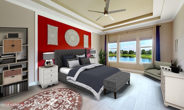 3653 Oglebay Dr, Green Cove Springs, FL 32043 - bedroom featuring a tray ceiling, a water view, and baseboards