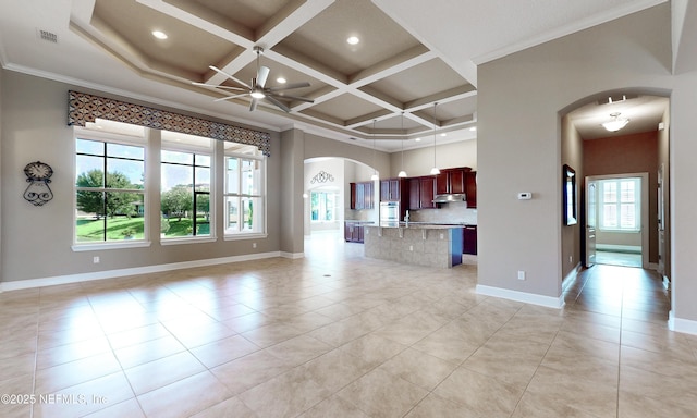 3653 Oglebay Dr, Green Cove Springs, FL 32043 - unfurnished living room with arched walkways, a ceiling fan, coffered ceiling, baseboards, and beam ceiling