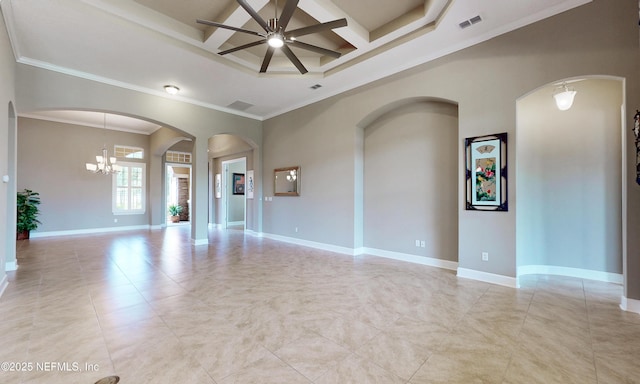 3653 Oglebay Dr, Green Cove Springs, FL 32043 - spare room featuring coffered ceiling, a ceiling fan, a chandelier, ornamental molding, and baseboards