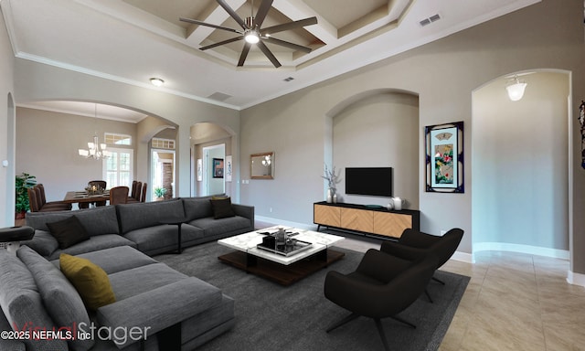 3653 Oglebay Dr, Green Cove Springs, FL 32043 - living room featuring a chandelier, coffered ceiling, ceiling fan, arched walkways, and baseboards