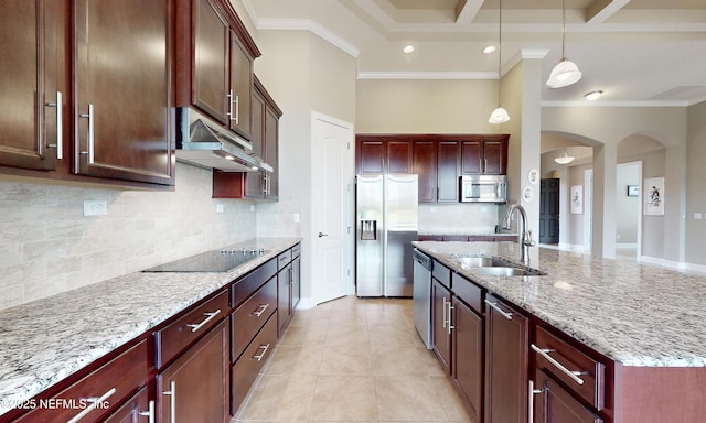 3653 Oglebay Dr, Green Cove Springs, FL 32043 - kitchen with stainless steel appliances, a sink, under cabinet range hood, crown molding, and decorative light fixtures