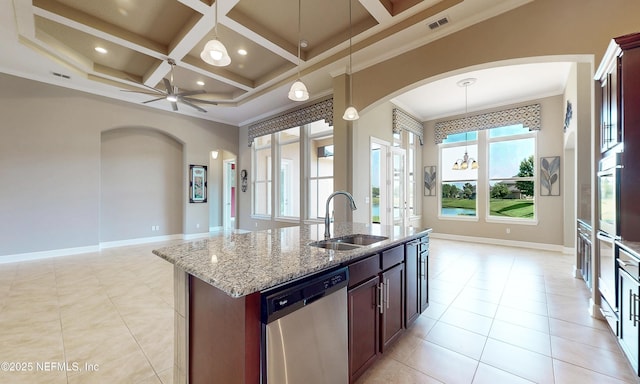 3653 Oglebay Dr, Green Cove Springs, FL 32043 - kitchen featuring appliances with stainless steel finishes, arched walkways, a sink, coffered ceiling, and open floor plan