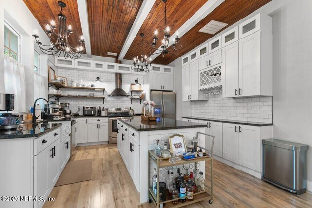 3040 Rosselle St, Jacksonville, FL 32205 - kitchen featuring a chandelier, stainless steel appliances, wall chimney exhaust hood, open shelves, and wood ceiling with exposed beams