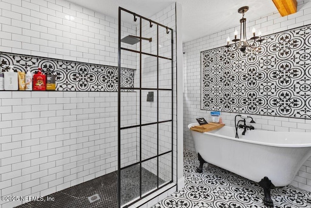 3040 Rosselle St, Jacksonville, FL 32205 - bathroom with tile walls, a stall shower, a soaking tub, a chandelier, and tile patterned flooring