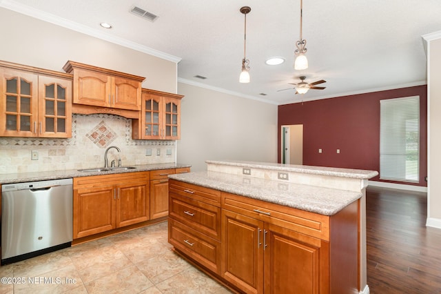12373 Shell Beach Trl, Jacksonville, FL 32246 - kitchen featuring dishwasher, ceiling fan, tasteful backsplash, ornamental molding, and a kitchen island