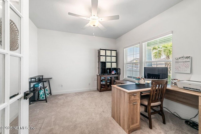 154 Pine Candle Way, Saint Augustine, FL 32092 - home office with light colored carpet, a ceiling fan, and baseboards