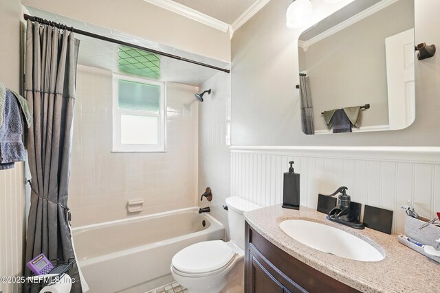 11019 Crumpet Ct, Jacksonville, FL 32257 - full bathroom with shower / bath combination with curtain, toilet, vanity, crown molding, and wainscoting