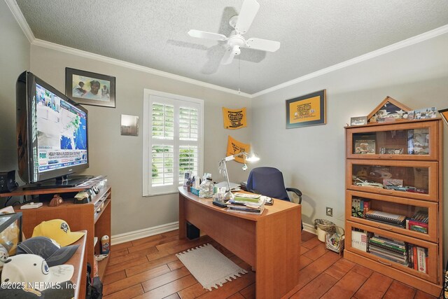 11019 Crumpet Ct, Jacksonville, FL 32257 - office featuring hardwood / wood-style floors, a textured ceiling, crown molding, baseboards, and a ceiling fan