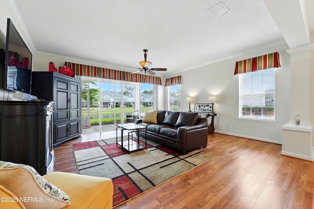 3724 Windmaker Way, Jacksonville, FL 32224 - living room with ornamental molding, plenty of natural light, a ceiling fan, light wood finished floors, and baseboards